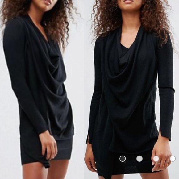 AllSAINTS Drina Draped Long Sleeve Mini Dress Charcoal Black 2 - Picture 1 of 13